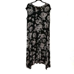 Chico’s Travelers Black Floral Dress Slinky Knit Maxi Classic Vacation Sz2 12/14